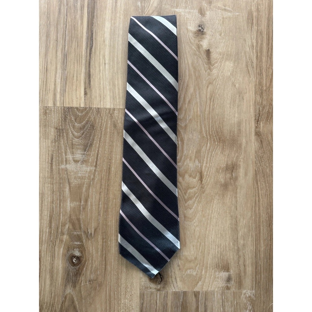 DKNY Men's Silk Stripes Silver Navy Pink 100% Silk Neck Tie